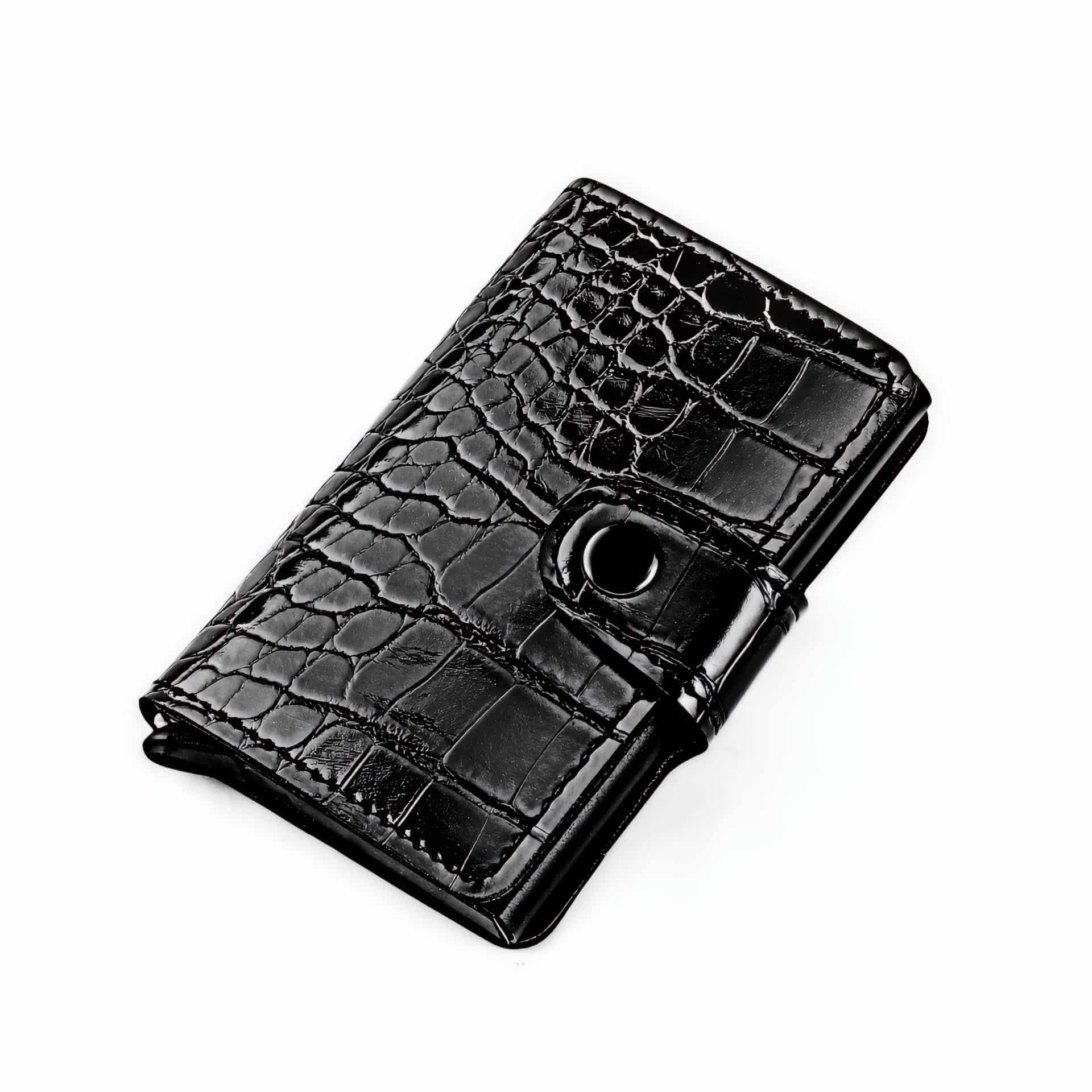 Étui à cartes en aluminium effet crocodile verni - Élégance compacte avec expulsion tactile - Noir