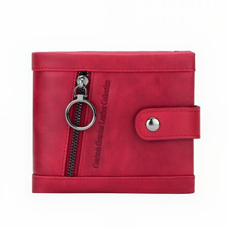 Écrin de cuir véritable RFID - Portefeuille compact avec 9 emplacements cartes et double poche zippée - Rouge