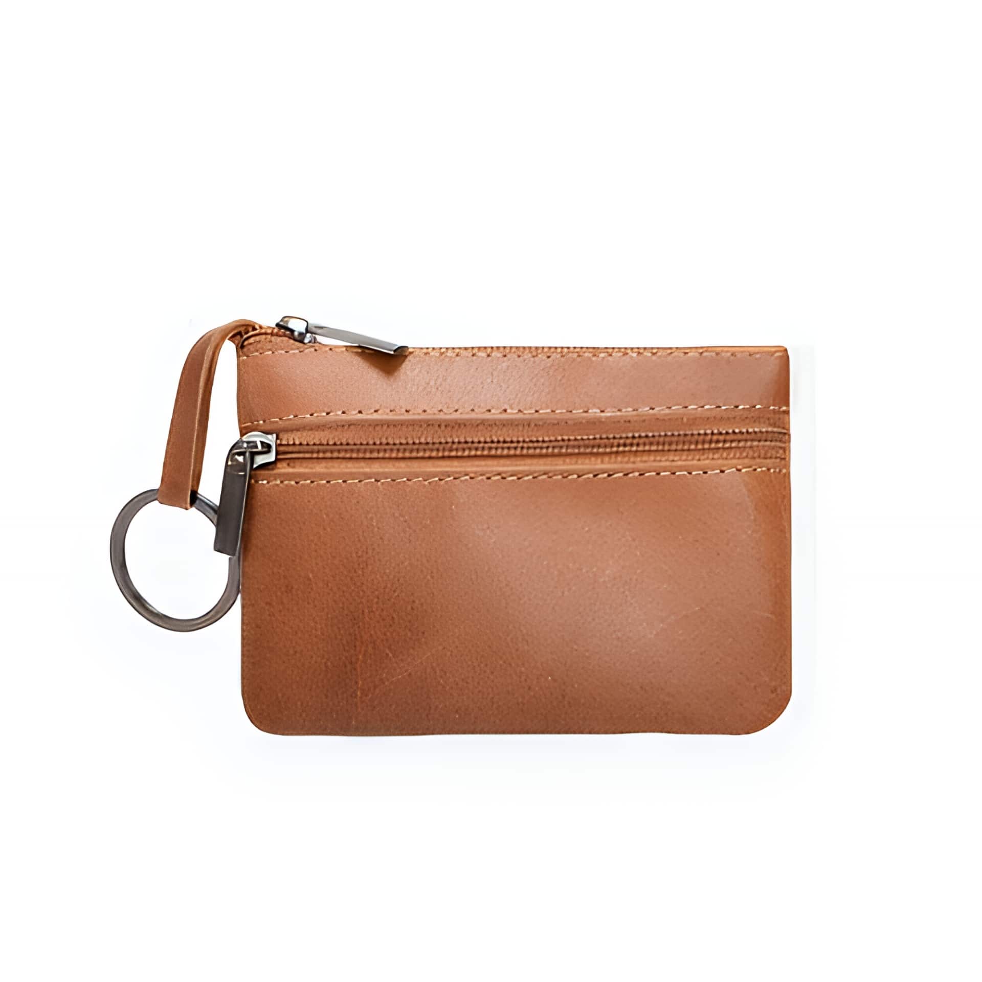 Porte-monnaie compact en cuir - Mini pochette zippée avec anneau porte-clés - Marron