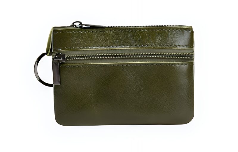 Porte-monnaie compact en cuir - Mini pochette zippée avec anneau porte-clés - Vert