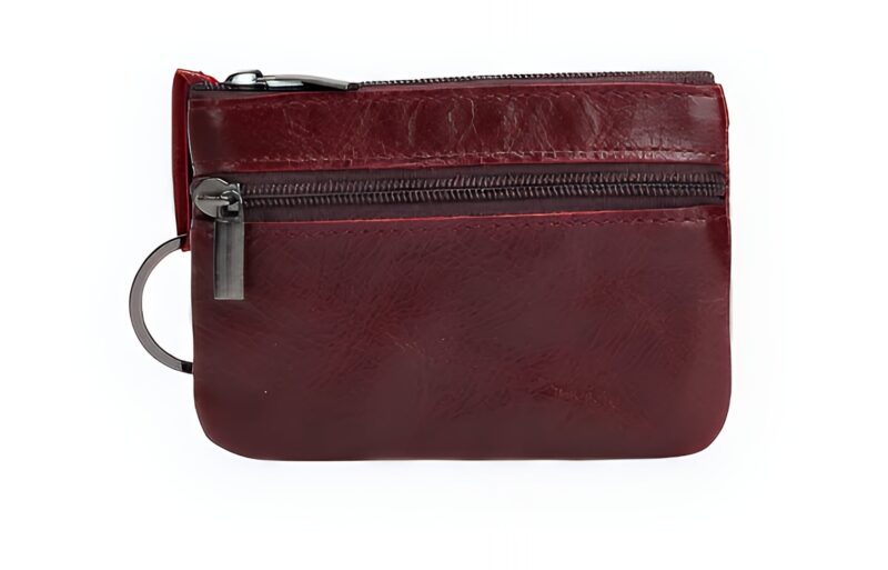 Porte-monnaie compact en cuir - Mini pochette zippée avec anneau porte-clés - Rouge