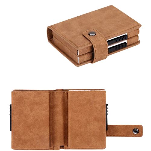 Porte-cartes sécurisé en aluminium - Écrin double RFID avec expulsion automatique - Camel