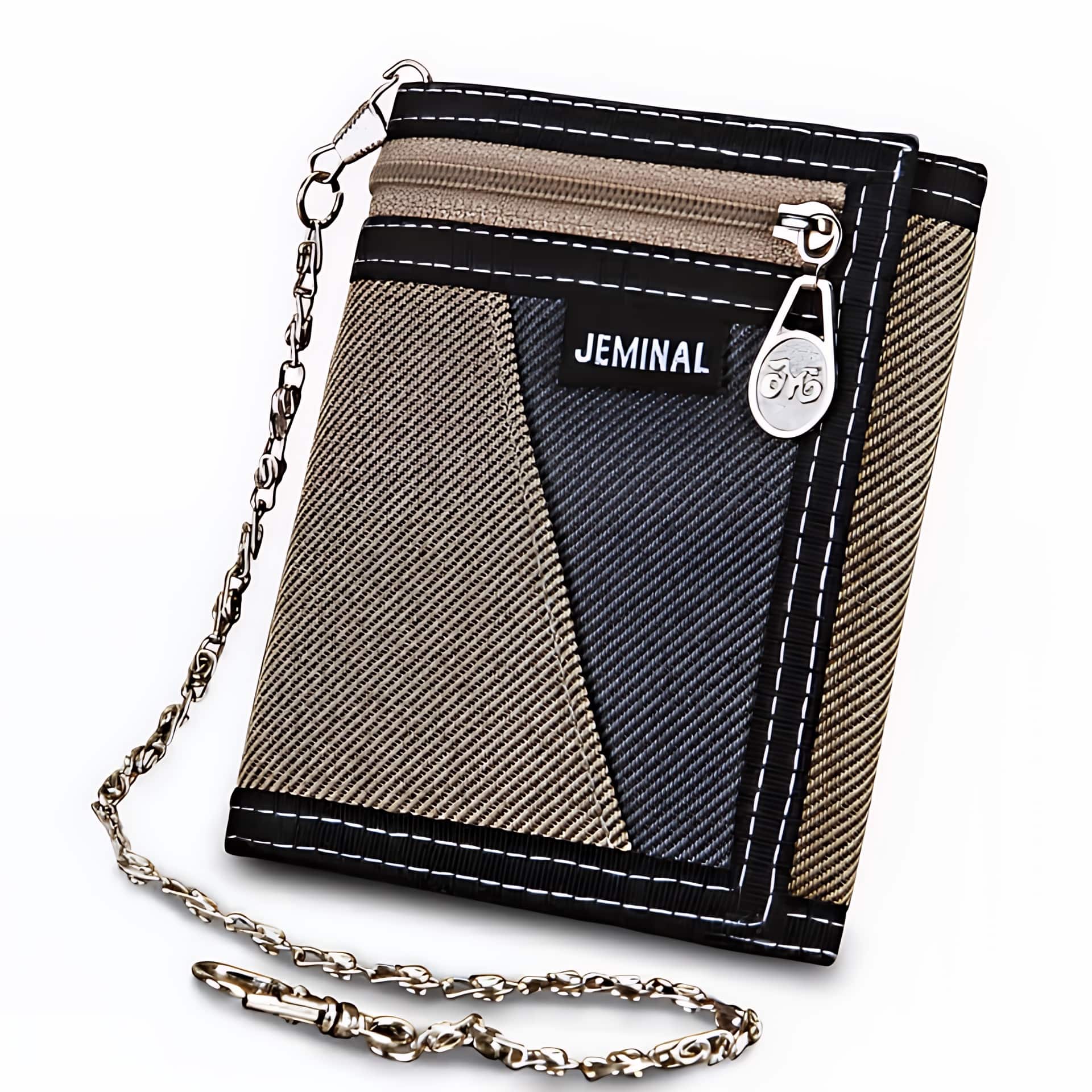 Portefeuille homme en tissu urbain avec chaîne - Rangements multiples et design stylé - Kaki