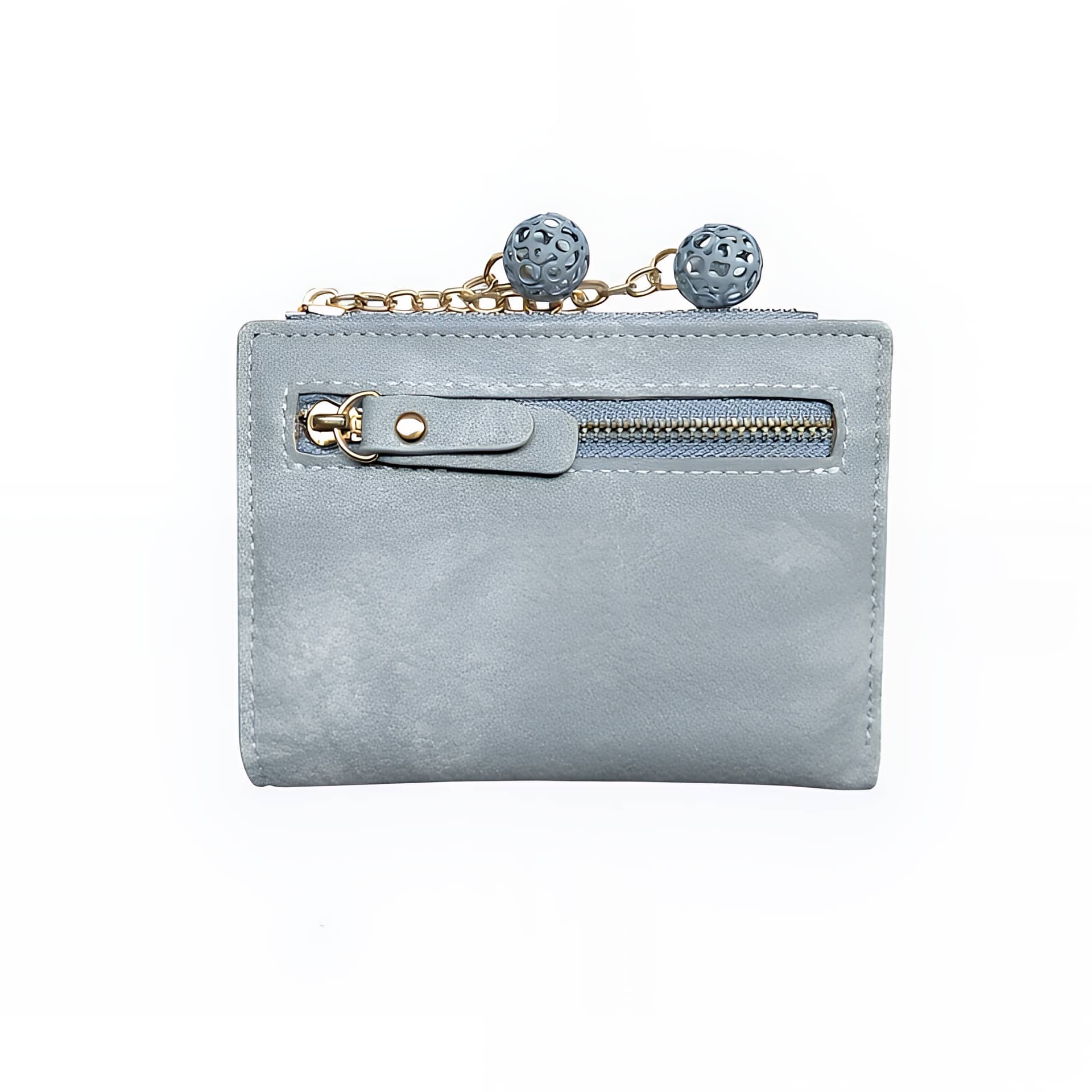 Portefeuille femme compact en simili cuir - Élégance minimaliste à pompon - Bleu