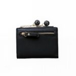 Portefeuille femme compact en simili cuir - Élégance minimaliste à pompon - Noir