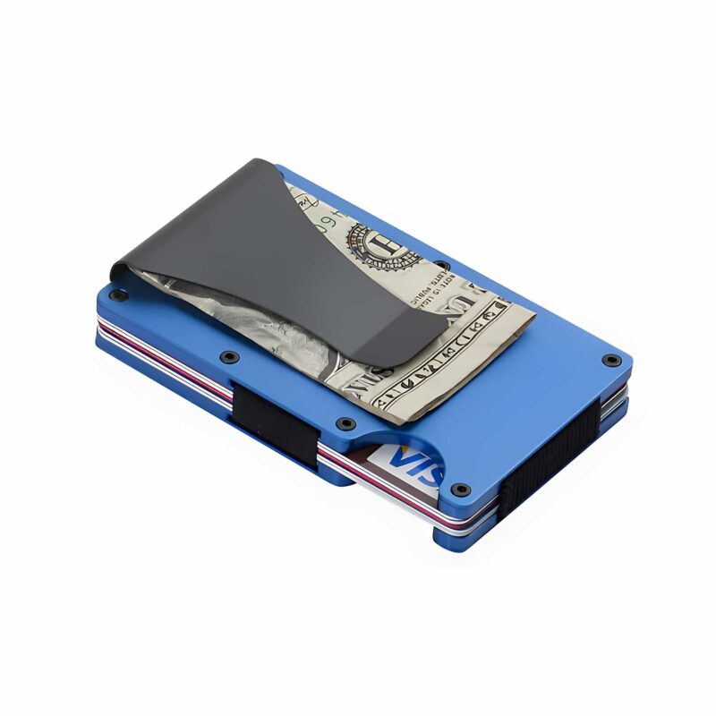 Porte-cartes élégance aluminium - Pince à billets et rangement 12 cartes - Bleu