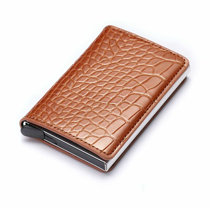 Porte-cartes automatique en simili cuir - Écrin élégant à 6 cartes et mécanisme d'expulsion - Marron