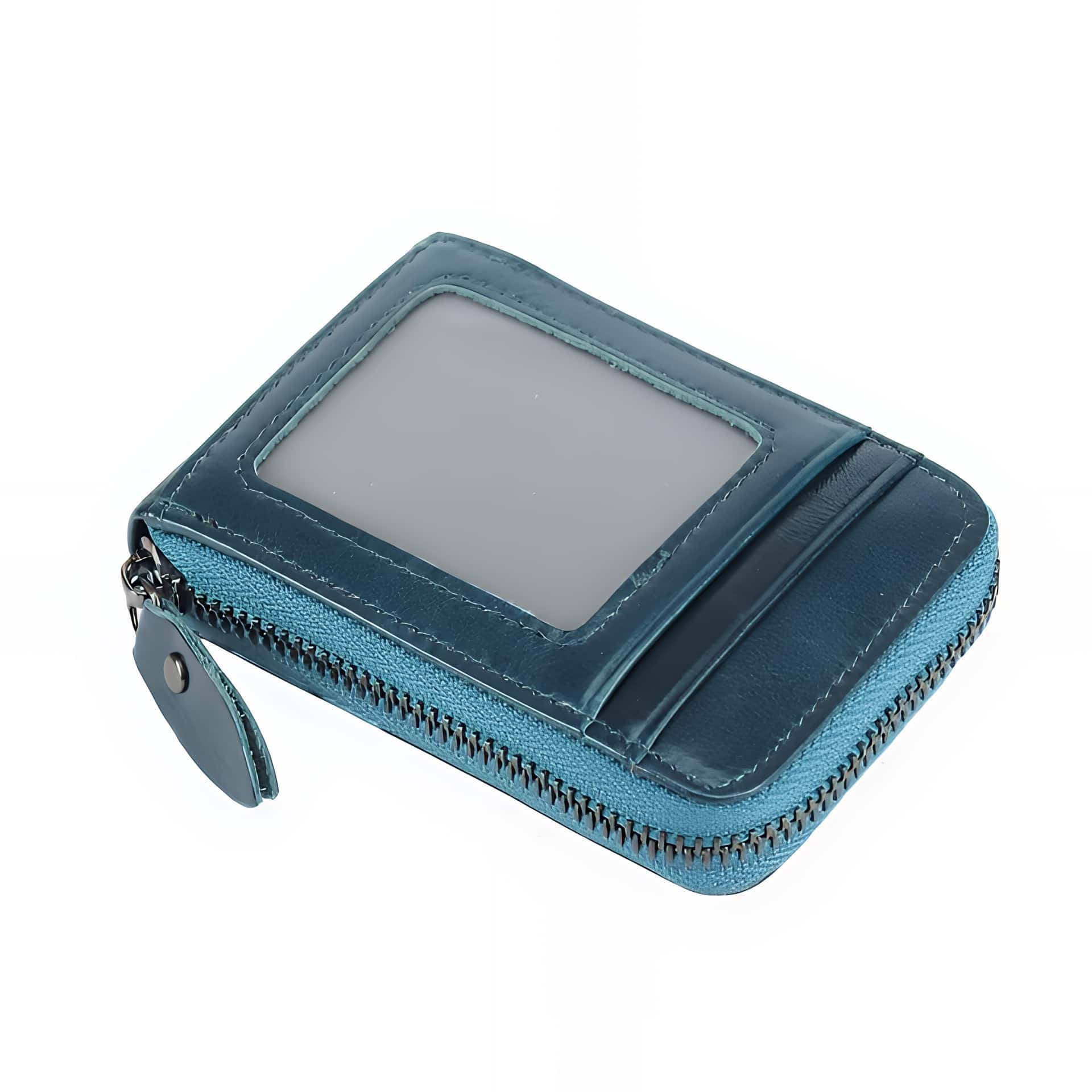 Porte-cartes zippé en similicuir lisse avec système accordéon - Bleu