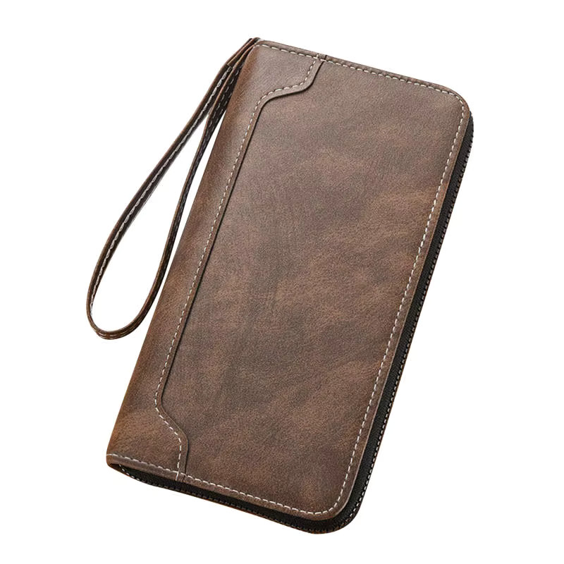 Portefeuille long vintage en cuir PU - Élégance masculine zippée pour cartes et billets - café