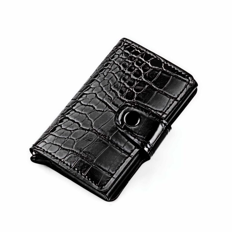 Étui à cartes en aluminium effet crocodile verni - Élégance compacte avec expulsion tactile - Noir