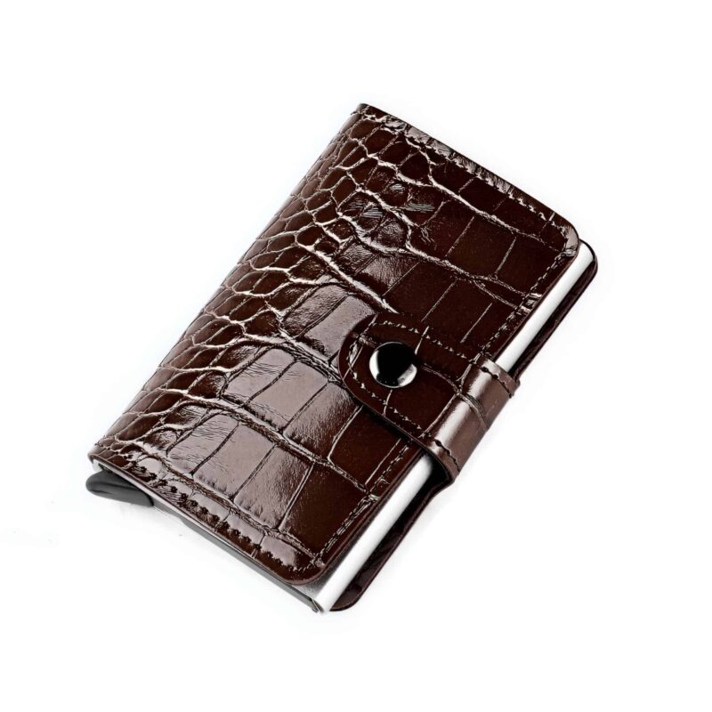 Étui à cartes en aluminium effet crocodile verni - Élégance compacte avec expulsion tactile - Marron café
